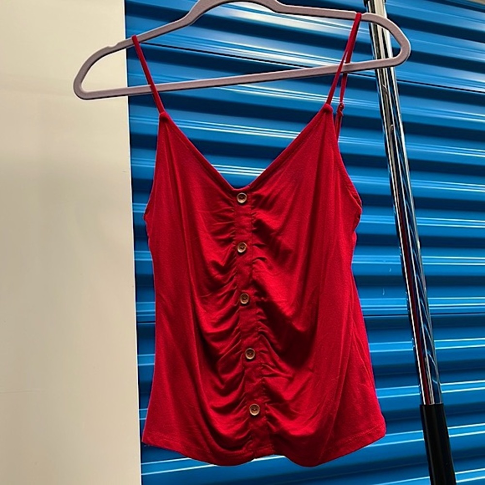 BN Cherry Red Spaghetti Strap Faux Button up Ruched Cami - Picture 5 of 7